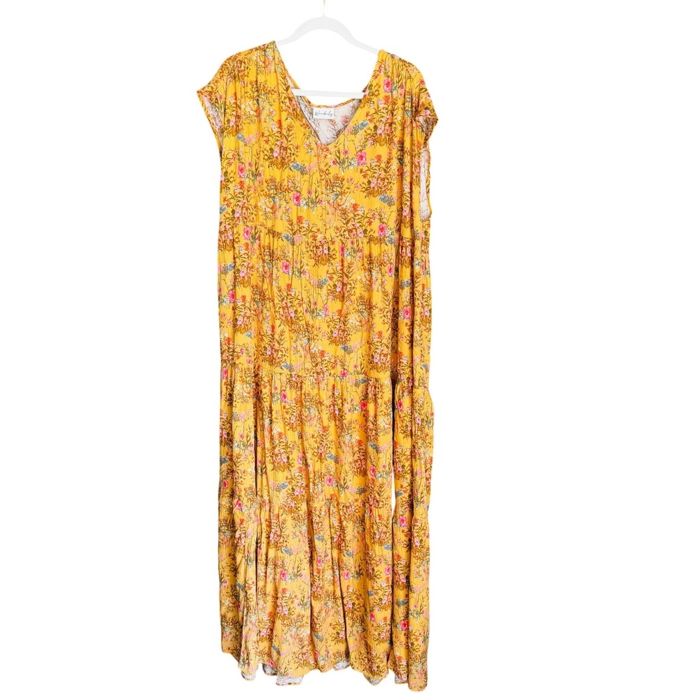 Wonderly 2X Mustard Floral Maxi Dress Cottagecore Boho Tiered Cap Sleeve Rayon - Picture 2 of 13